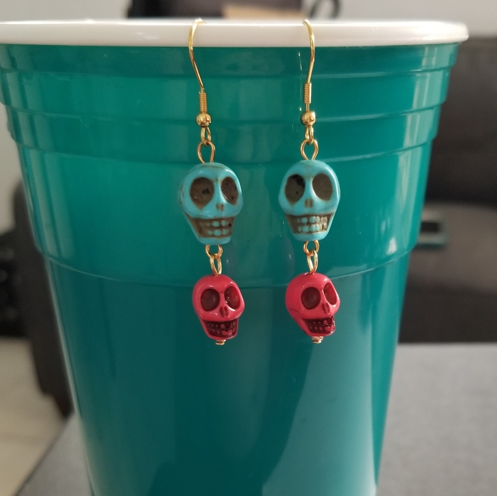 Skulls Earrings, Stainless Steel and Turquiose